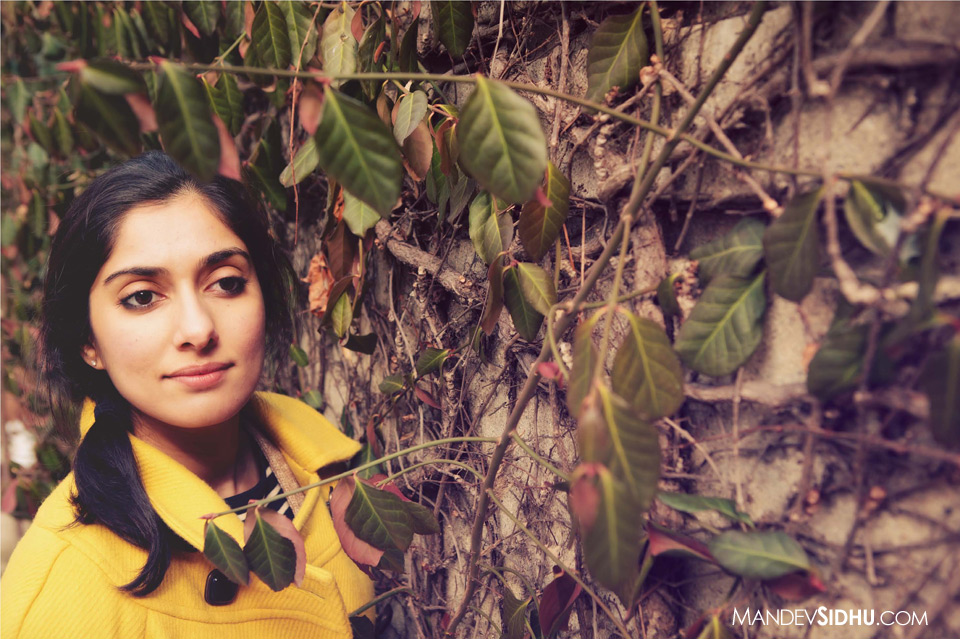 Beauty Portrait of Model in Downtown Chicago - Ivy wall and yellow coat