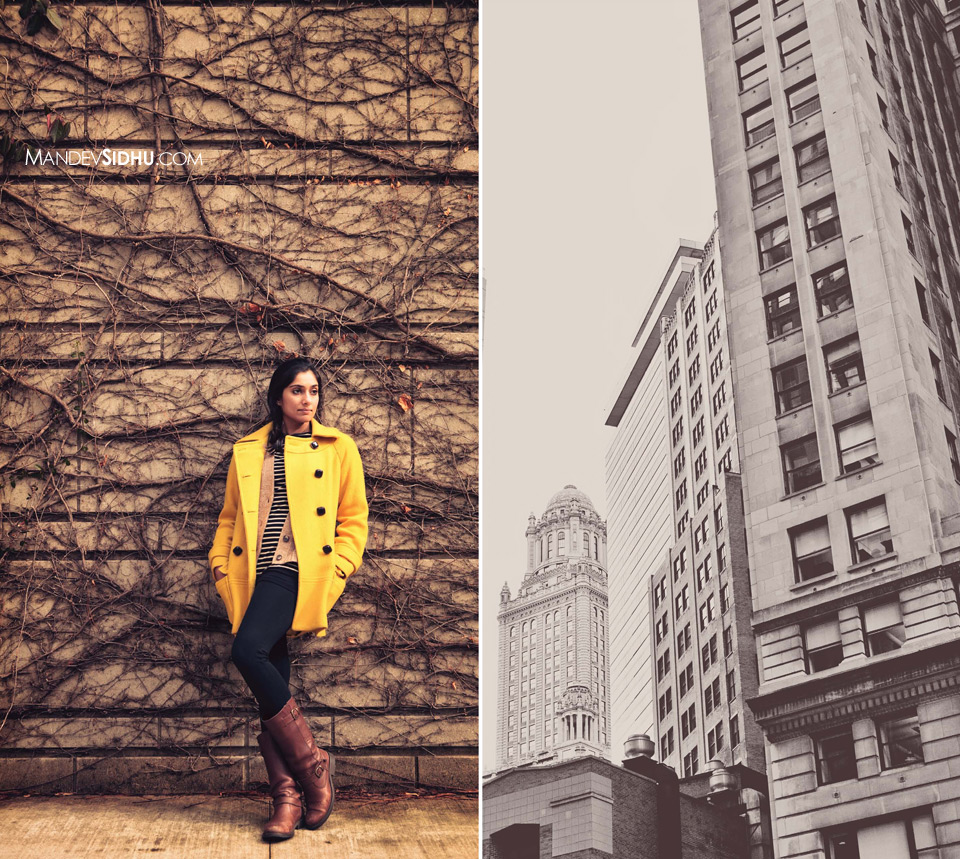 wearing yellow jacket and standing against wall of brown ivy